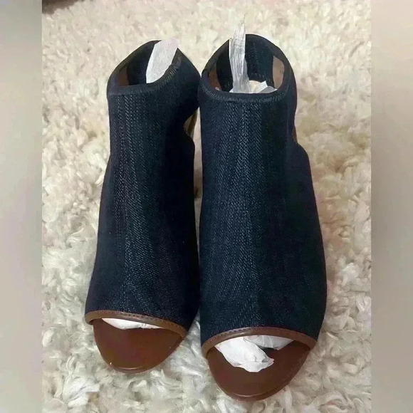 Franco Sarto Denim and Brown Peep-Toe Ankle Boots - Picture 3 of 12